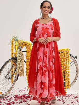 Floral Printed Gotta Patti Anarkali Kurta with Trousers & With Dupatta 1