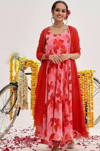 Floral Printed Gotta Patti Anarkali Kurta with Trousers & With Dupatta