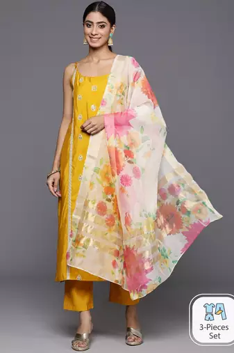 Ethnic Motifs Embroidered Regular Thread Work Kurta With Trousers & Dupatta