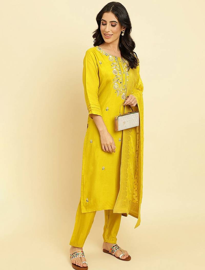 Floral Embroidered Regular Kurta with Trousers & Dupatta