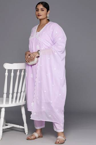 Plus Size Floral Embroidered Empire Thread Work Pure Cotton Kurta Set