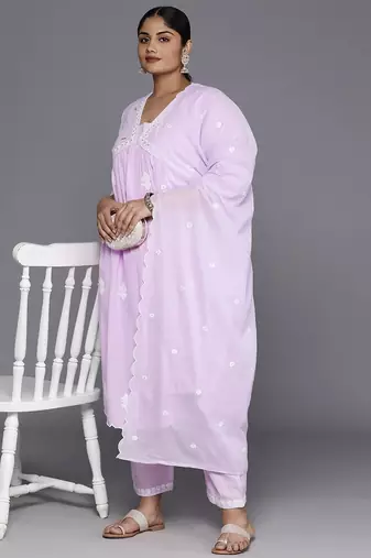 Plus Size Floral Embroidered Empire Thread Work Pure Cotton Kurta Set