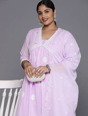 Plus Size Floral Embroidered Empire Thread Work Pure Cotton Kurta Set 5
