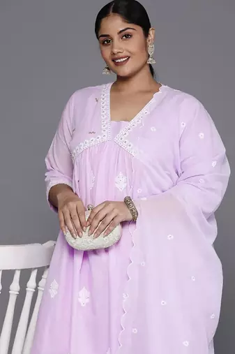Plus Size Floral Embroidered Empire Thread Work Pure Cotton Kurta Set