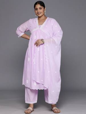 Plus Size Floral Embroidered Empire Thread Work Pure Cotton Kurta Set 6