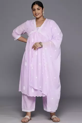 Plus Size Floral Embroidered Empire Thread Work Pure Cotton Kurta Set