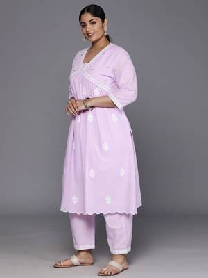 Plus Size Floral Embroidered Empire Thread Work Pure Cotton Kurta Set 7