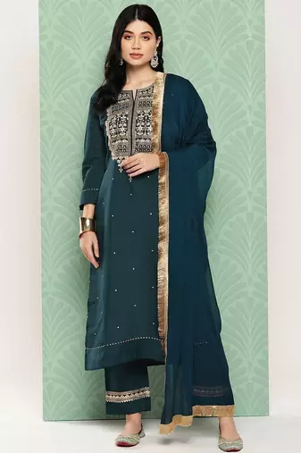 Women Floral Yoke Design Regular Kurta with Trousers & With Dupatta