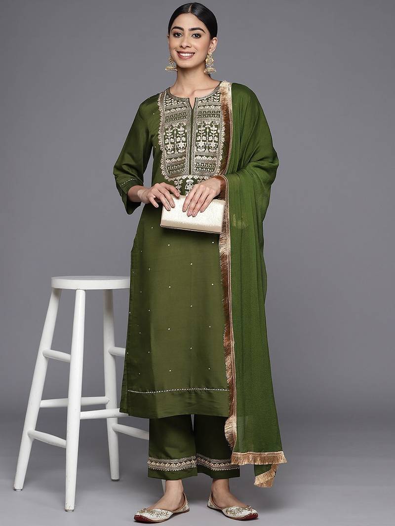 Floral Embroidered Regular Kurta with Trousers & With Dupatta