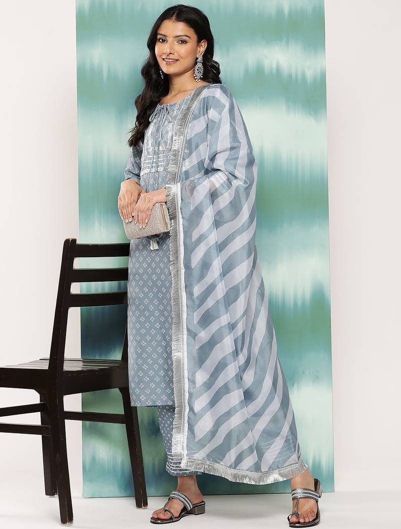 Women Bandhani Printed Regular Sequinned Kurta with Trousers & With Dupatta