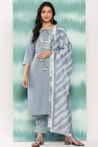 Women Bandhani Printed Regular Sequinned Kurta with Trousers & With Dupatta