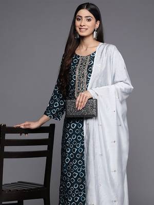 Yoke Design Chanderi Silk Kurta with Trousers & Dupatta 2