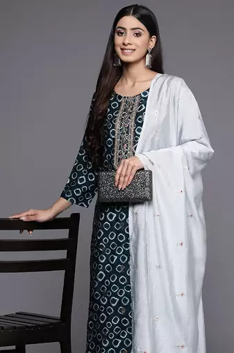 Yoke Design Chanderi Silk Kurta with Trousers & Dupatta