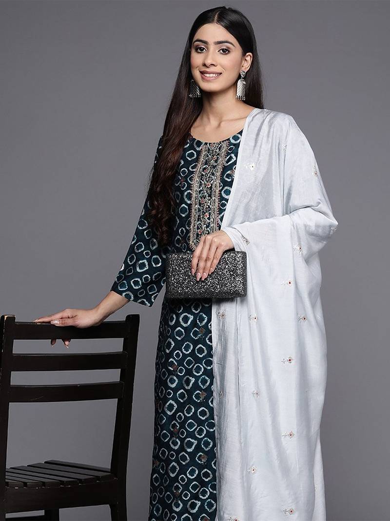Yoke Design Chanderi Silk Kurta with Trousers & Dupatta