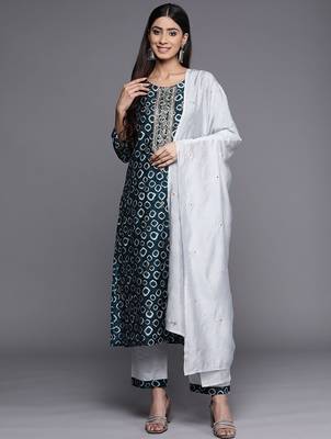 Yoke Design Chanderi Silk Kurta with Trousers & Dupatta 1