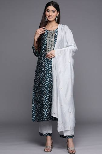 Yoke Design Chanderi Silk Kurta with Trousers & Dupatta