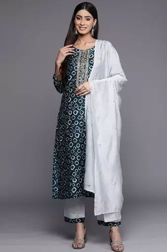 Yoke Design Chanderi Silk Kurta with Trousers & Dupatta