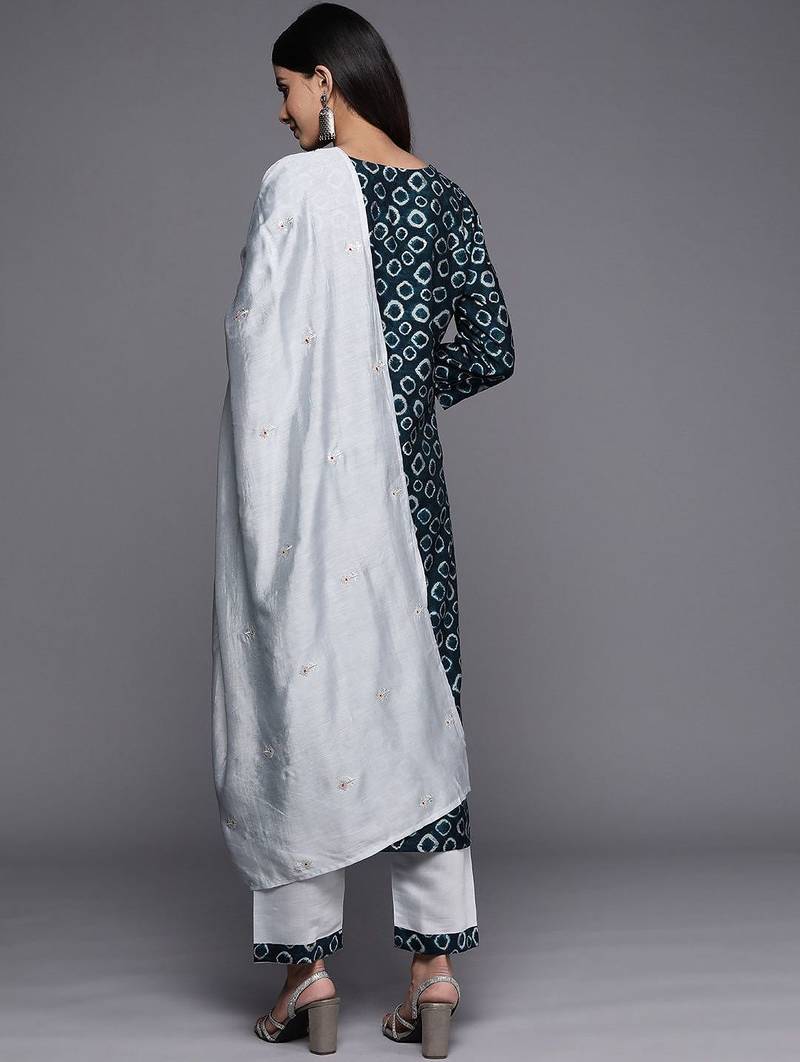 Yoke Design Chanderi Silk Kurta with Trousers & Dupatta