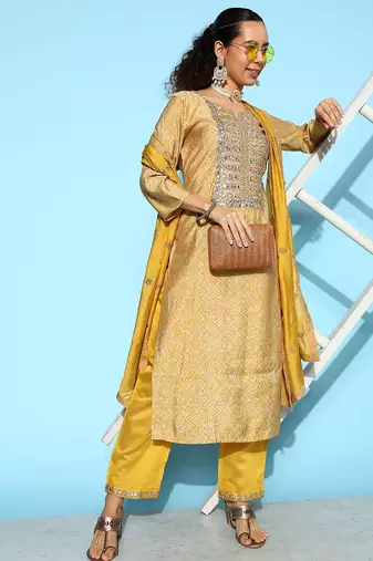 Women Mustard Yellow Ethnic Motifs Embroidered Sequinned Kurta Set