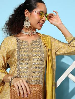 Women Mustard Yellow Ethnic Motifs Embroidered Sequinned Kurta Set 2