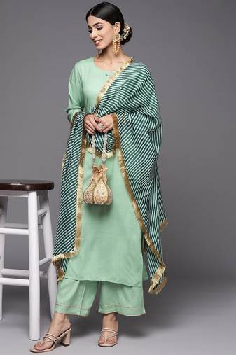 Women Green Kurta with Palazzos & With Dupatta