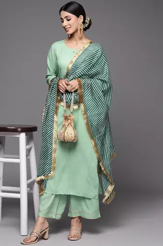Women Green Kurta with Palazzos & With Dupatta