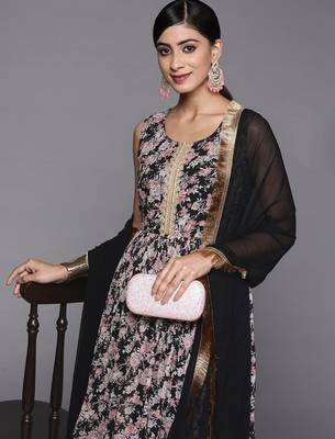 Women Black Floral Printed Empire Kurta with Sharara & With Dupatta 1
