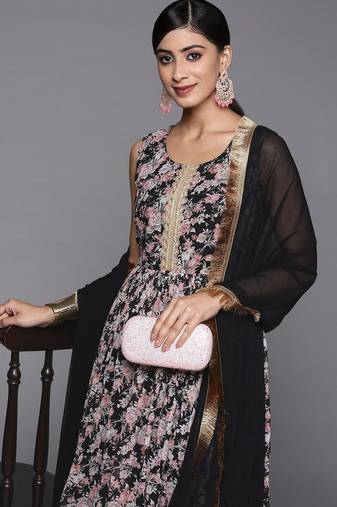 Women Black Floral Printed Empire Kurta with Sharara & With Dupatta