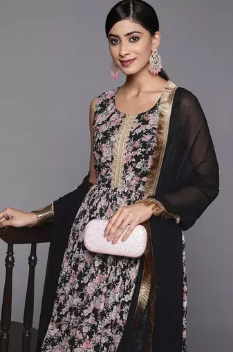 Women Black Floral Printed Empire Kurta with Sharara & With Dupatta