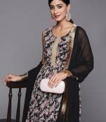 Women Black Floral Printed Empire Kurta with Sharara & With Dupatta