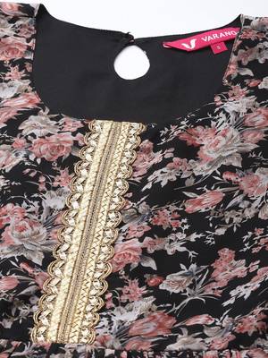 Women Black Floral Printed Empire Kurta with Sharara & With Dupatta 2
