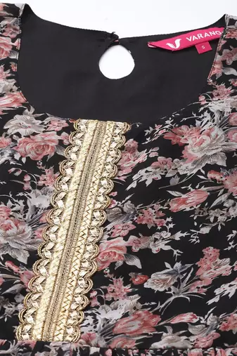 Women Black Floral Printed Empire Kurta with Sharara & With Dupatta