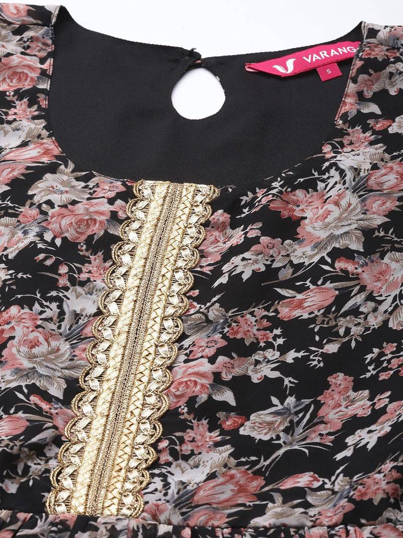 Women Black Floral Printed Empire Kurta with Sharara & With Dupatta
