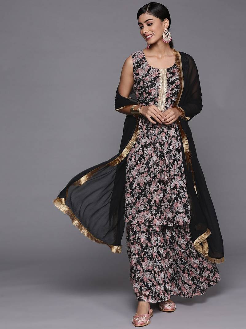 Women Black Floral Printed Empire Kurta with Sharara & With Dupatta