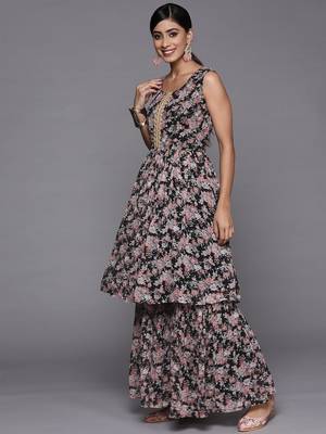 Women Black Floral Printed Empire Kurta with Sharara & With Dupatta 6