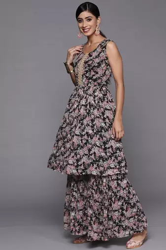 Women Black Floral Printed Empire Kurta with Sharara & With Dupatta