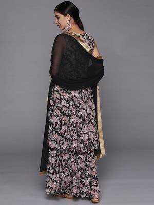 Women Black Floral Printed Empire Kurta with Sharara & With Dupatta 7