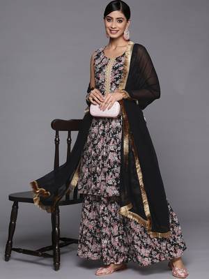 Women Black Floral Printed Empire Kurta with Sharara & With Dupatta 8