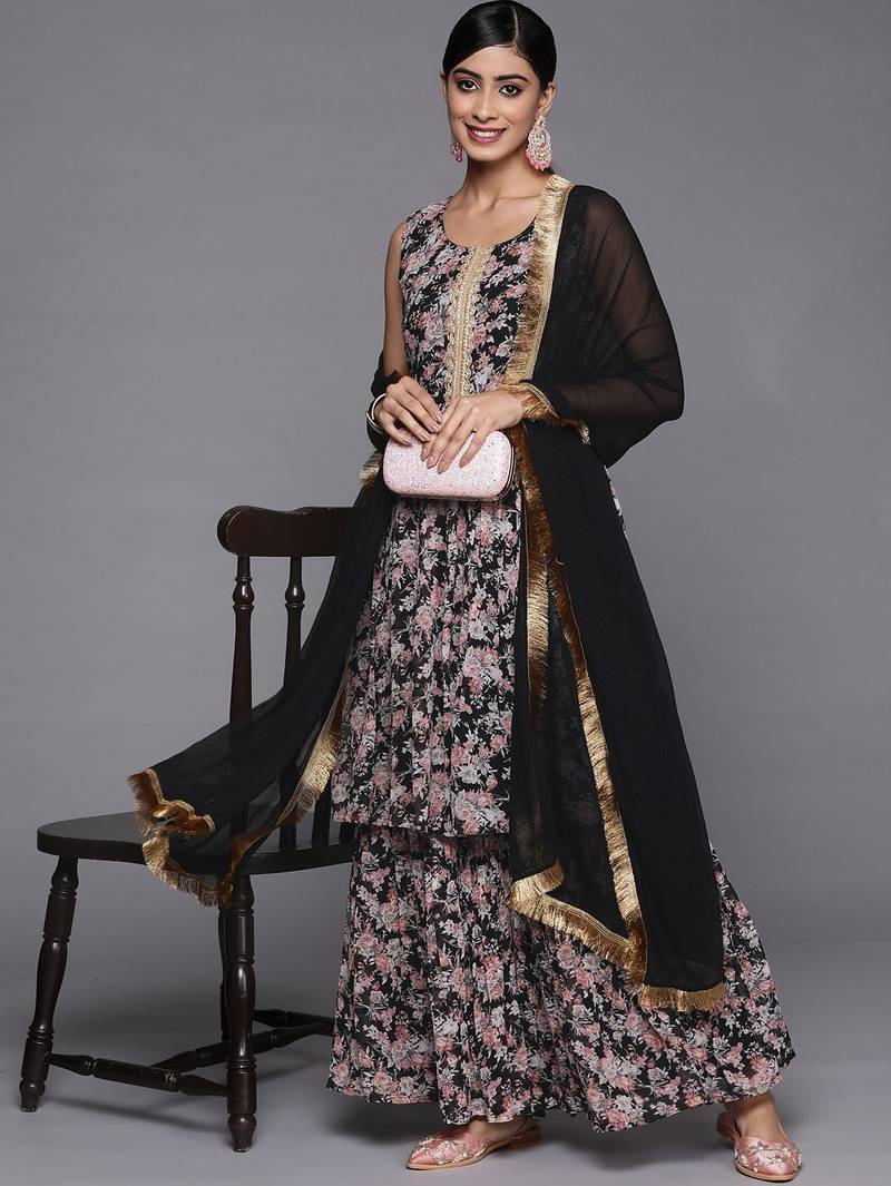 Women Black Floral Printed Empire Kurta with Sharara & With Dupatta