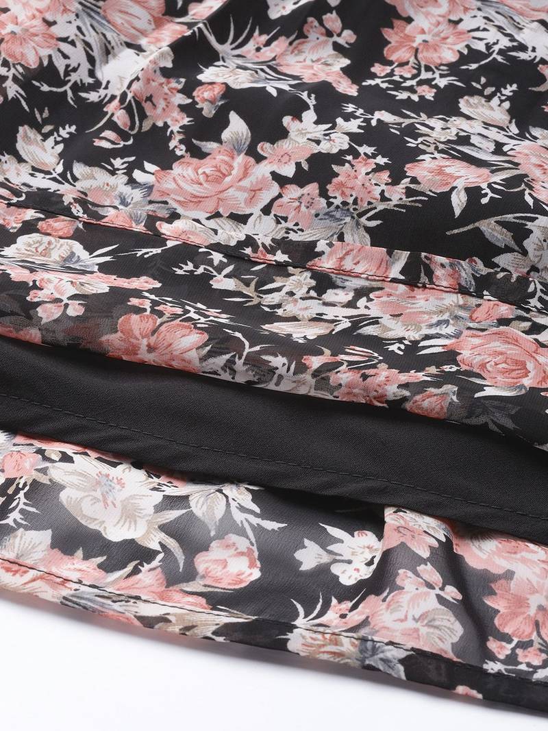 Women Black Floral Printed Empire Kurta with Sharara & With Dupatta