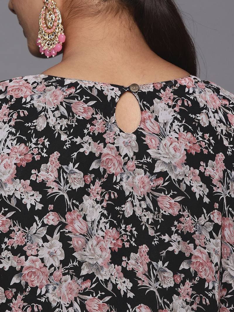 Women Black Floral Printed Empire Kurta with Sharara & With Dupatta