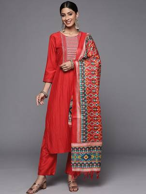 Women Rust Embroidered Empire Kurta with Trousers & With Dupatta 1