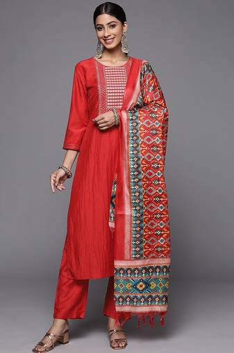 Women Rust Embroidered Empire Kurta with Trousers & With Dupatta