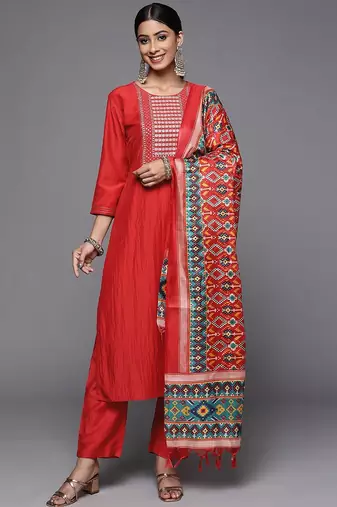 Women Rust Embroidered Empire Kurta with Trousers & With Dupatta