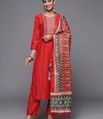 Women Rust Embroidered Empire Kurta with Trousers & With Dupatta