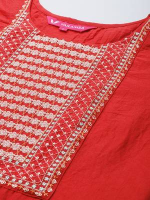Women Rust Embroidered Empire Kurta with Trousers & With Dupatta 2