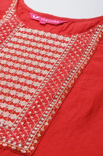 Women Rust Embroidered Empire Kurta with Trousers & With Dupatta