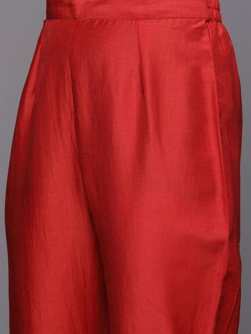 Women Rust Embroidered Empire Kurta with Trousers & With Dupatta