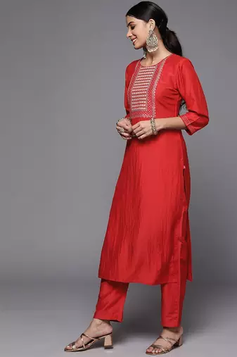 Women Rust Embroidered Empire Kurta with Trousers & With Dupatta