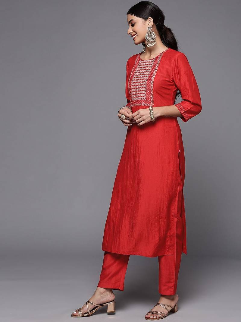 Women Rust Embroidered Empire Kurta with Trousers & With Dupatta